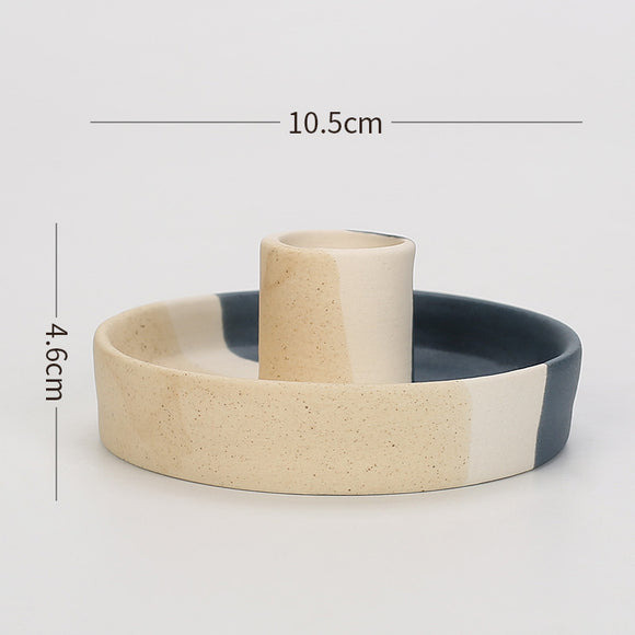 NNEDSZ 2 Pcs Blue, White And Yellow Stitching Straight Bottom Nordic Ceramic Candle Holder with Jewelry Dish - Elegant Minimalist Home Decor Piece