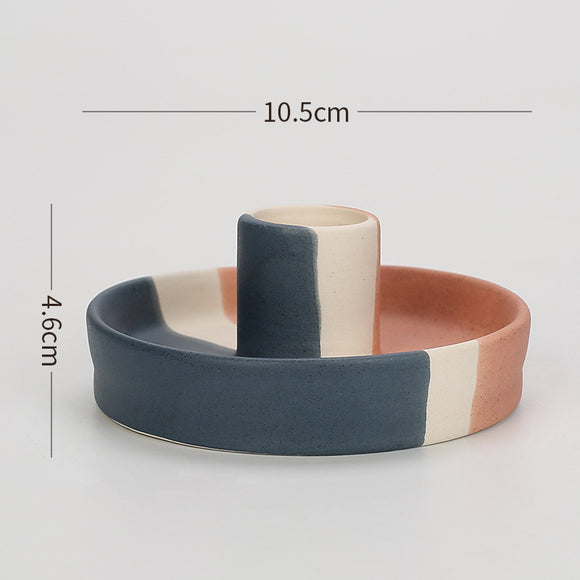 NNEDSZ 2 Pcs Blue, White And Orange Stitching Straight Bottom Nordic Ceramic Candle Holder with Jewelry Dish - Elegant Minimalist Home Decor Piece