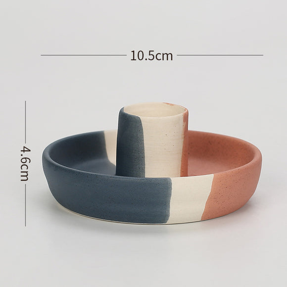 NNEDSZ 2 Pcs Blue, White And Orange Stitching Oval Bottom Nordic Ceramic Candle Holder with Jewelry Dish - Elegant Minimalist Home Decor Piece