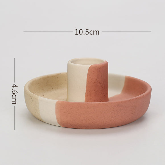 NNEDSZ 2 Pcs Yellow, White And Orange Stitching Oval Bottom Nordic Ceramic Candle Holder with Jewelry Dish - Elegant Minimalist Home Decor Piece
