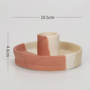 NNEDSZ 2 Pcs Yellow, White And Orange Stitching Straight Bottom Nordic Ceramic Candle Holder with Jewelry Dish - Elegant Minimalist Home Decor Piece