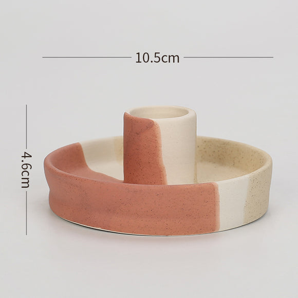 NNEDSZ 2 Pcs Yellow, White And Orange Stitching Straight Bottom Nordic Ceramic Candle Holder with Jewelry Dish - Elegant Minimalist Home Decor Piece