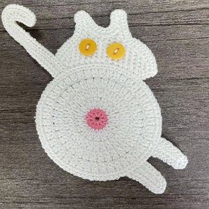 NNEDSZ 4 Pcs White Cute Cat Butt Knitted Coaster - Lightweight Crochet Drink Mat, 15x10cm