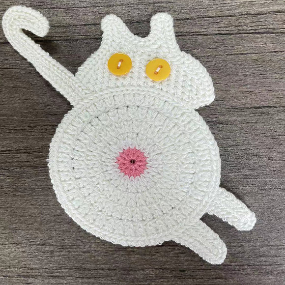 NNEDSZ 4 Pcs White Cute Cat Butt Knitted Coaster - Lightweight Crochet Drink Mat, 15x10cm