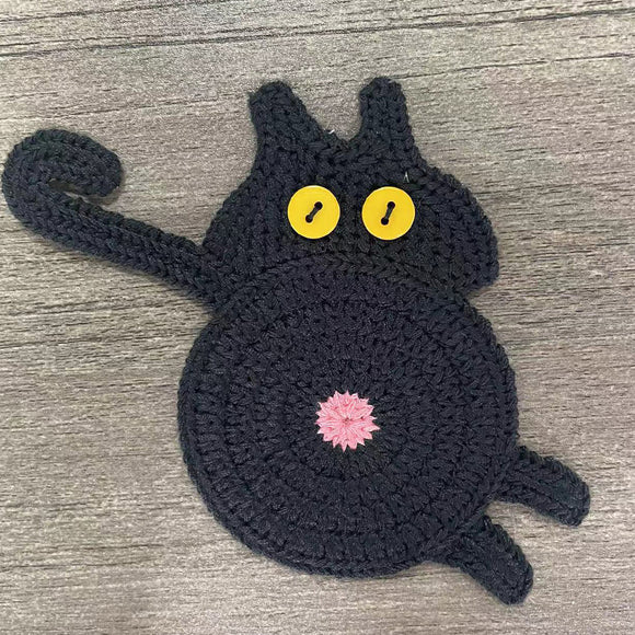 NNEDSZ 4 Pcs Black Cute Cat Butt Knitted Coaster - Lightweight Crochet Drink Mat, 15x10cm