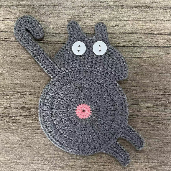 NNEDSZ 4 Pcs Grey Cute Cat Butt Knitted Coaster - Lightweight Crochet Drink Mat, 15x10cm