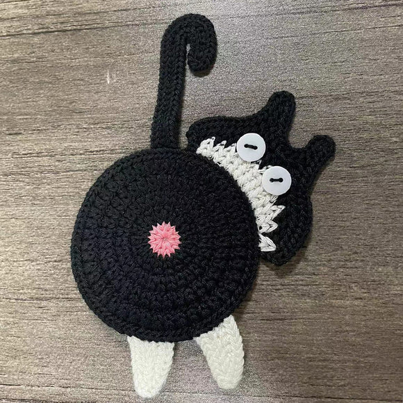 NNEDSZ 4 Pcs Black And White Cute Cat Butt Knitted Coaster - Lightweight Crochet Drink Mat, 15x10cm