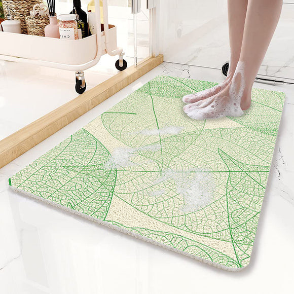 NNEDSZ Green Leaves Pattern  PVC Non-Slip Bath Mat 50x80cm - Shower Drain Hole Design, Soft & Quick-Dry Bathroom Rug