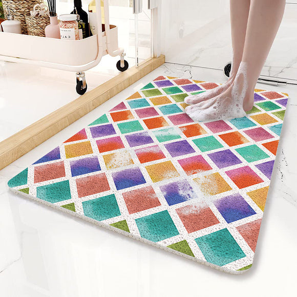 NNEDSZ Colorful Diamond Pattern  PVC Non-Slip Bath Mat 50x80cm - Shower Drain Hole Design, Soft & Quick-Dry Bathroom Rug