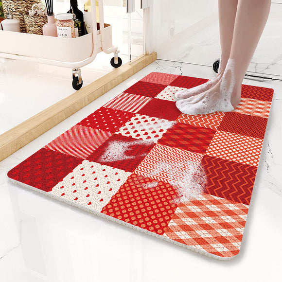 NNEDSZ Red Checkered Pattern  PVC Non-Slip Bath Mat 50x80cm - Shower Drain Hole Design, Soft & Quick-Dry Bathroom Rug