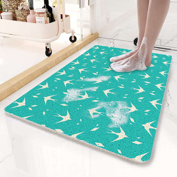 NNEDSZ Teal Flying Bird Pattern  PVC Non-Slip Bath Mat 50x80cm - Shower Drain Hole Design, Soft & Quick-Dry Bathroom Rug
