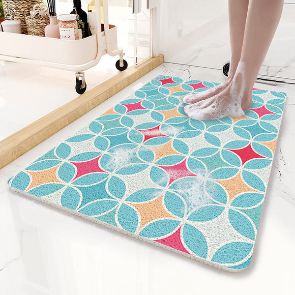 NNEDSZ Blue Circular Pattern  PVC Non-Slip Bath Mat 50x80cm - Shower Drain Hole Design, Soft & Quick-Dry Bathroom Rug