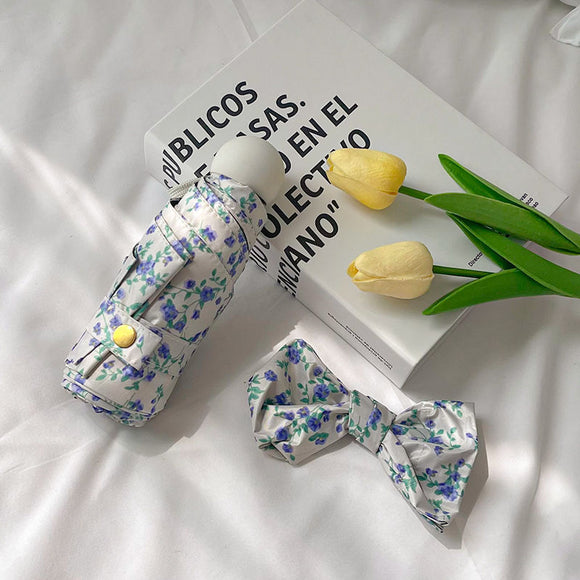 NNEDSZ Blue Floral Mini 5-Fold Umbrella - Portable, Anti-UV, Black Glue Coating