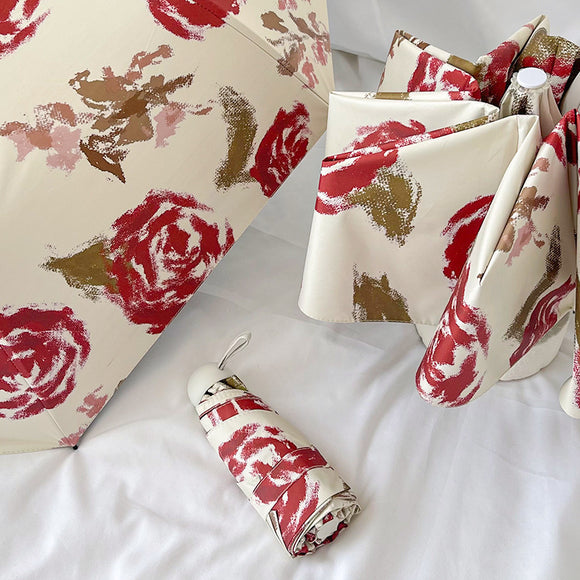 NNEDSZ Red Rose Mini 5-Fold Umbrella - Portable, Anti-UV, Black Glue Coating