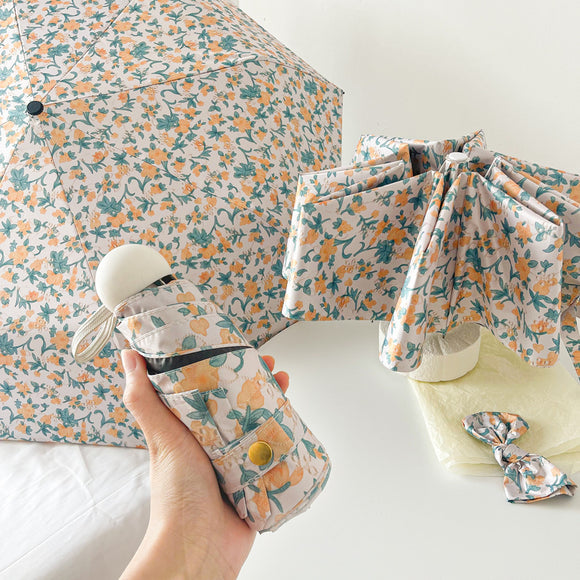 NNEDSZ Yellow And Green Floral Mini 5-Fold Umbrella - Portable, Anti-UV, Black Glue Coating