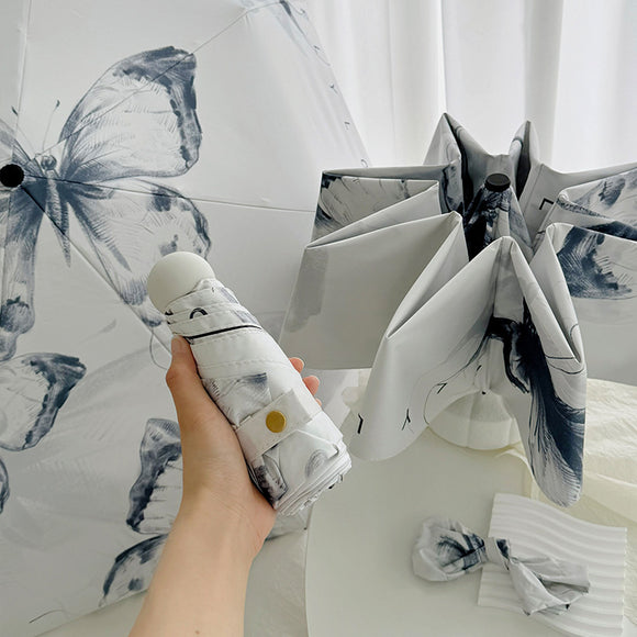NNEDSZ White Butterfly Mini 5-Fold Umbrella - Portable, Anti-UV, Black Glue Coating
