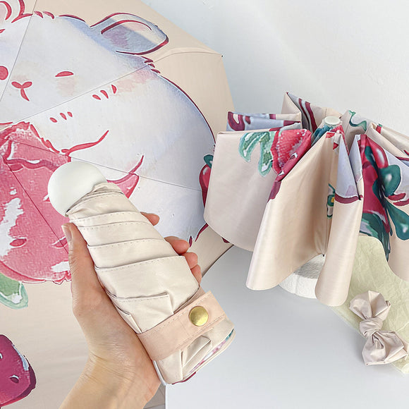 NNEDSZ Strawberry Rabbit Mini 5-Fold Umbrella - Portable, Anti-UV, Black Glue Coating
