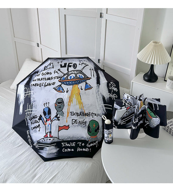 NNEDSZ Alien Flower Mini 5-Fold Umbrella - Portable, Anti-UV, Black Glue Coating