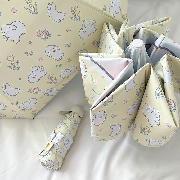 NNEDSZ White Rabbit Mini 5-Fold Umbrella - Portable, Anti-UV, Black Glue Coating