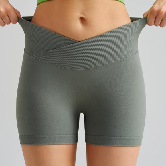 NNEDSZ Grass Green Gray Yoga Shorts - Seamless, High Waist, Tummy Control Size M