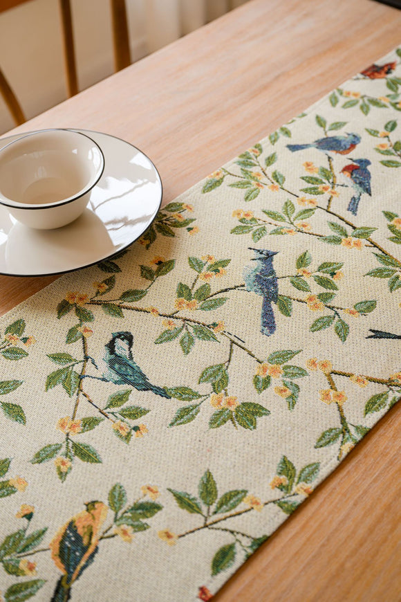 NNEDSZ Birds & Branch Table Runner - Jacquard Woven Beige with Tassels(33X200CM)