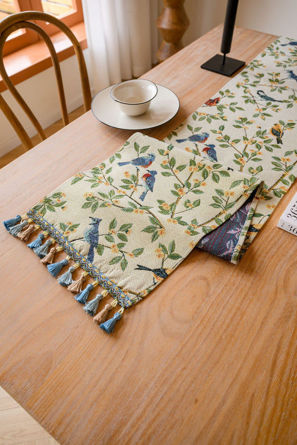 NNEDSZ Birds & Branch Table Runner - Jacquard Woven Beige with Tassels(33X220CM)