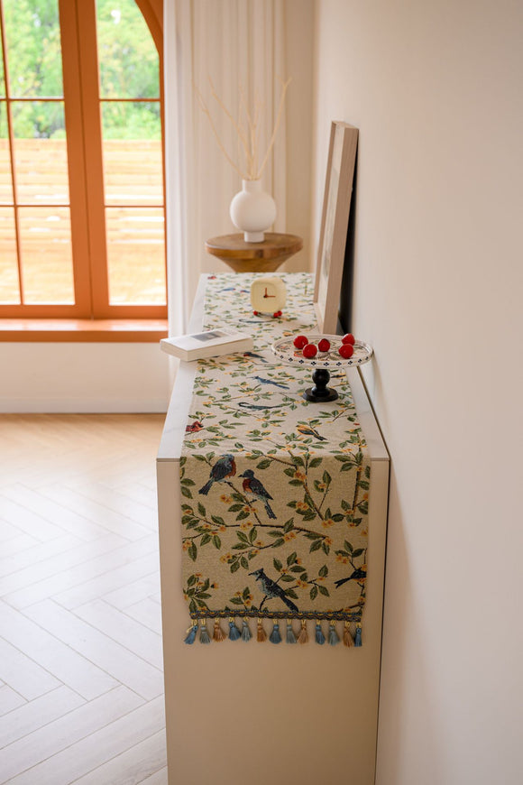 NNEDSZ Birds & Branch Table Runner - Jacquard Woven Beige with Tassels(33X275CM)