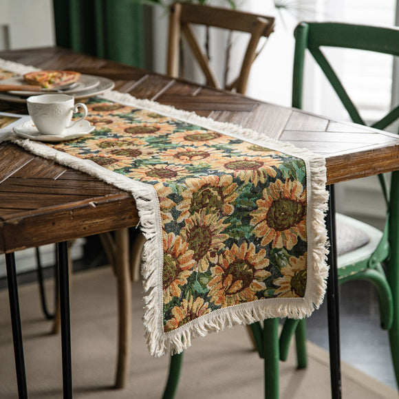 NNEDSZ 2 PCS Sunflower Table Runner with Fringe - Jacquard Woven Cotton Blend (30x120cm)