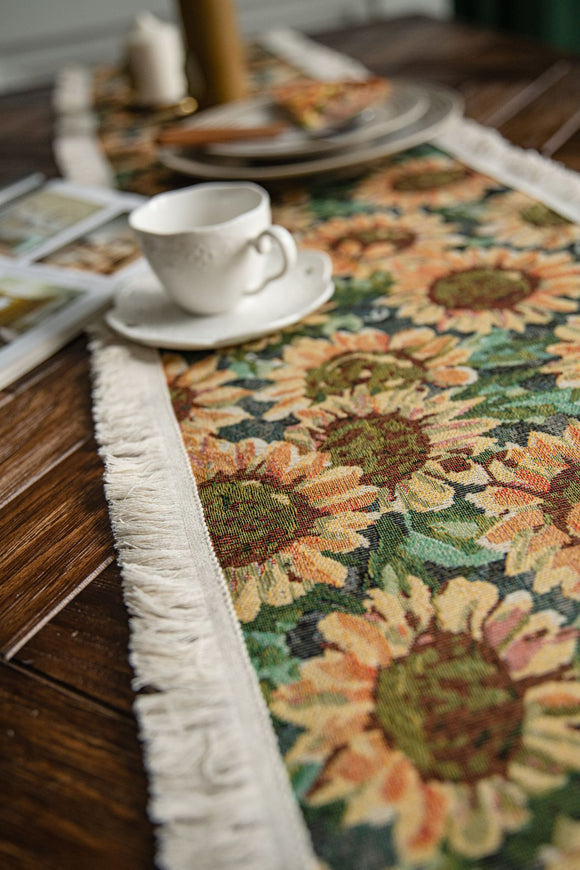 NNEDSZ Sunflower Table Runner with Fringe - Jacquard Woven Cotton Blend (30x180cm)