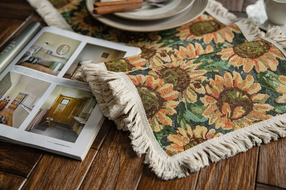 NNEDSZ Sunflower Table Runner with Fringe - Jacquard Woven Cotton Blend (30x220cm)