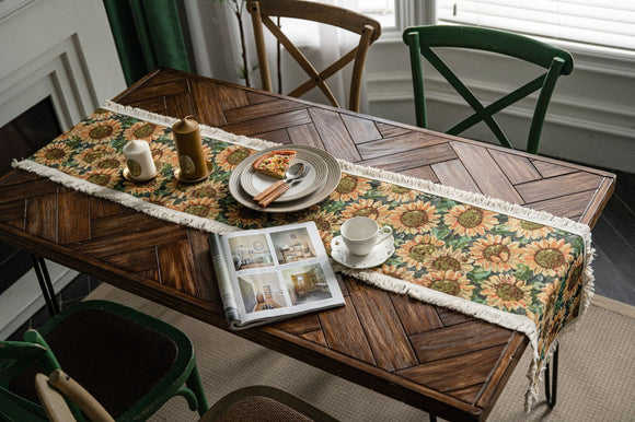 NNEDSZ Sunflower Table Runner with Fringe - Jacquard Woven Cotton Blend (30x275cm)