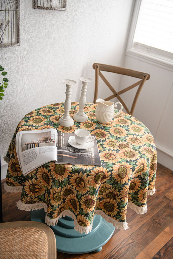 NNEDSZ Round Sunflower Tablecloth - Jacquard Woven Cotton with Fringe Trim (120cm)