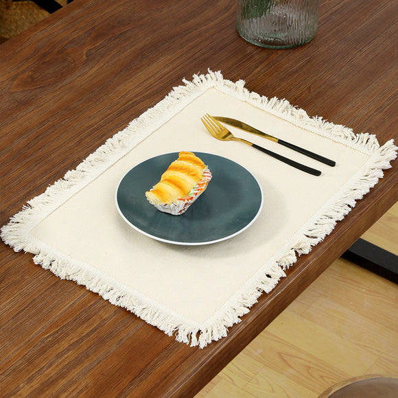 NNEDSZ 4 PCS Beige Cotton Linen Placemat with Fringe - Solid Color Table Mat for Dining (45X30CM)