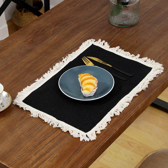 NNEDSZ 4 PCS Black Cotton Linen Placemat with Fringe - Solid Color Table Mat for Dining (45X30CM)