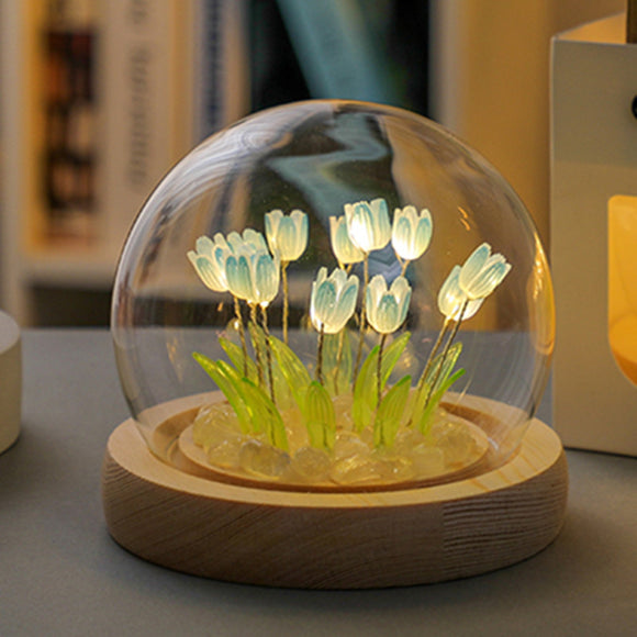 NNEDSZ (Ten Blue Tulips) Glowing Tulip Dome Lamp -  Wooden Base, Bedside Table Decoration