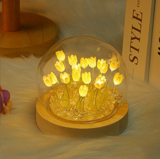 NNEDSZ (Thirteen Yellow Tulips) Glowing Tulip Dome Lamp -  Wooden Base, Bedside Table Decoration