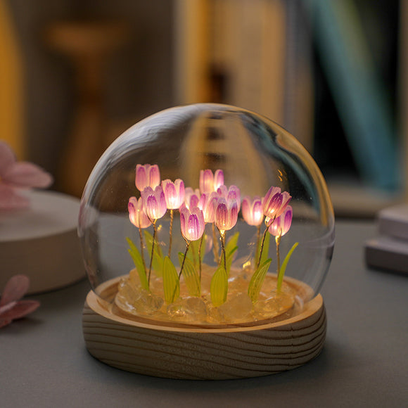 NNEDSZ (Twenty Purple Tulips) Glowing Tulip Dome Lamp -  Wooden Base, Bedside Table Decoration