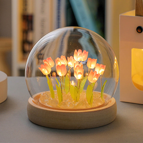 NNEDSZ (Twenty Pink Tulips) Glowing Tulip Dome Lamp -  Wooden Base, Bedside Table Decoration