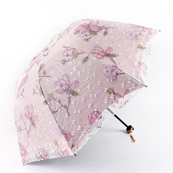 NNEDSZ Pink Elegant Lace Parasol - UV Protection, Sun & Rain Umbrella, Tri-Fold Design