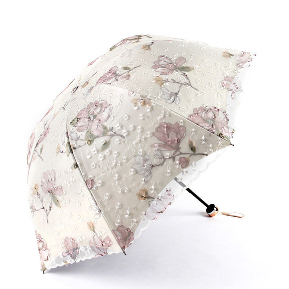 NNEDSZ Apricot yellow Elegant Lace Parasol - UV Protection, Sun & Rain Umbrella, Tri-Fold Design