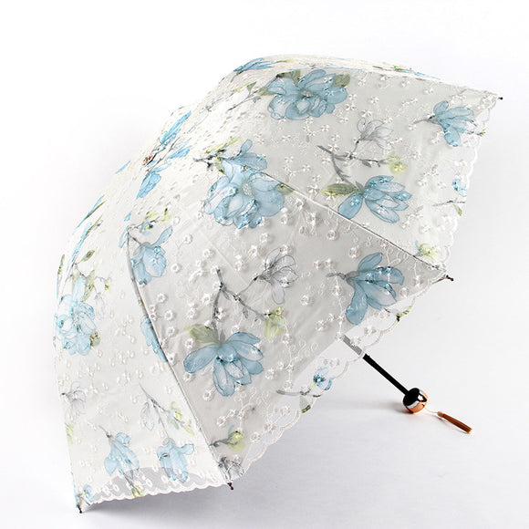 NNEDSZ Water blue Elegant Lace Parasol - UV Protection, Sun & Rain Umbrella, Tri-Fold Design
