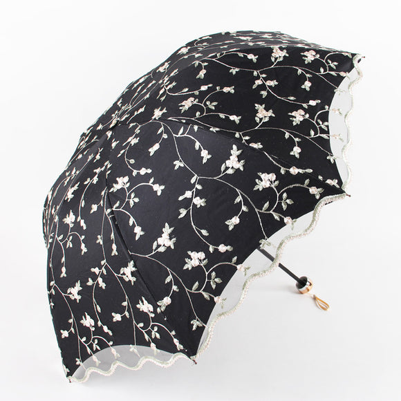 NNEDSZ Ivy black Elegant Lace Parasol - UV Protection, Sun & Rain Umbrella, Tri-Fold Design