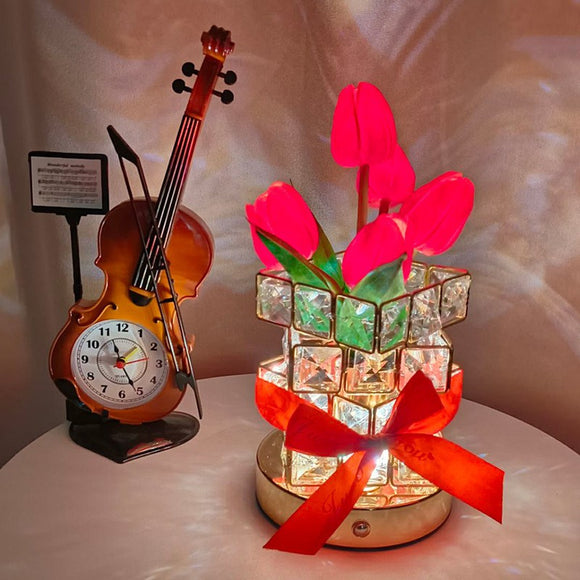 NNEDSZ Red tulips LED Crystal Flower Table Lamp - USB Rechargeable Touch Control Night Light