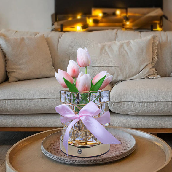 NNEDSZ Pink tulips LED Crystal Flower Table Lamp - USB Rechargeable Touch Control Night Light