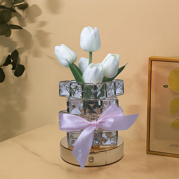 NNEDSZ White tulips LED Crystal Flower Table Lamp - USB Rechargeable Touch Control Night Light