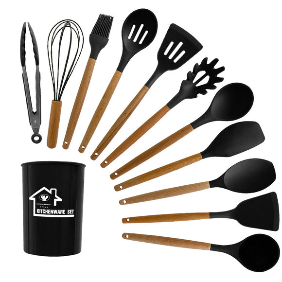 NNEDSZ Black And Brown 12-Piece Silicone Kitchen Utensil Set - Non-Stick Food-Grade Silicone Cooking Tools with Wooden Handles and Holder