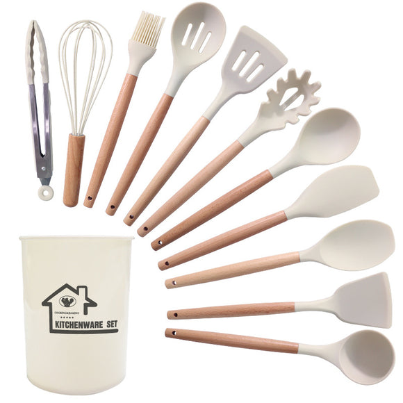 NNEDSZ White And Brown 12-Piece Silicone Kitchen Utensil Set - Non-Stick Food-Grade Silicone Cooking Tools with Wooden Handles and Holder