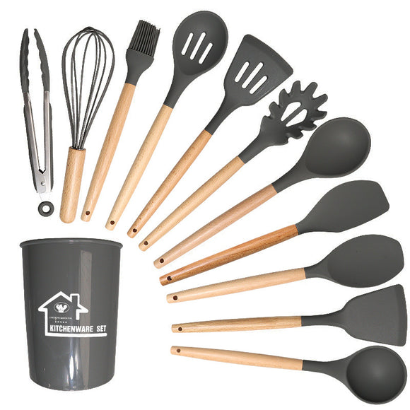 NNEDSZ Dark Grey And Brown 12-Piece Silicone Kitchen Utensil Set - Non-Stick Food-Grade Silicone Cooking Tools with Wooden Handles and Holder