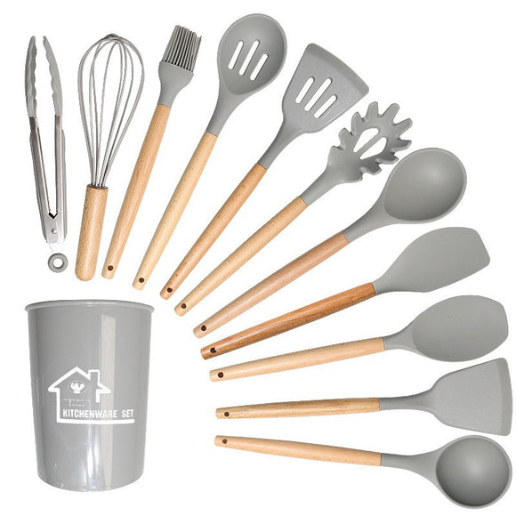 NNEDSZ Light Grey And Brown 12-Piece Silicone Kitchen Utensil Set - Non-Stick Food-Grade Silicone Cooking Tools with Wooden Handles and Holder