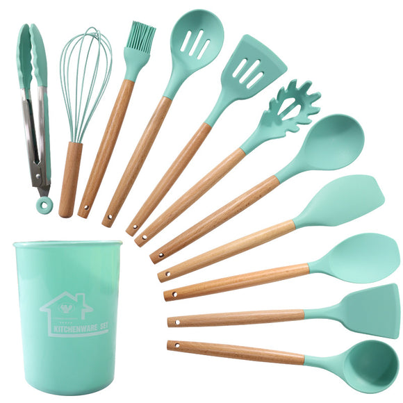 NNEDSZ Green And Brown 12-Piece Silicone Kitchen Utensil Set - Non-Stick Food-Grade Silicone Cooking Tools with Wooden Handles and Holder